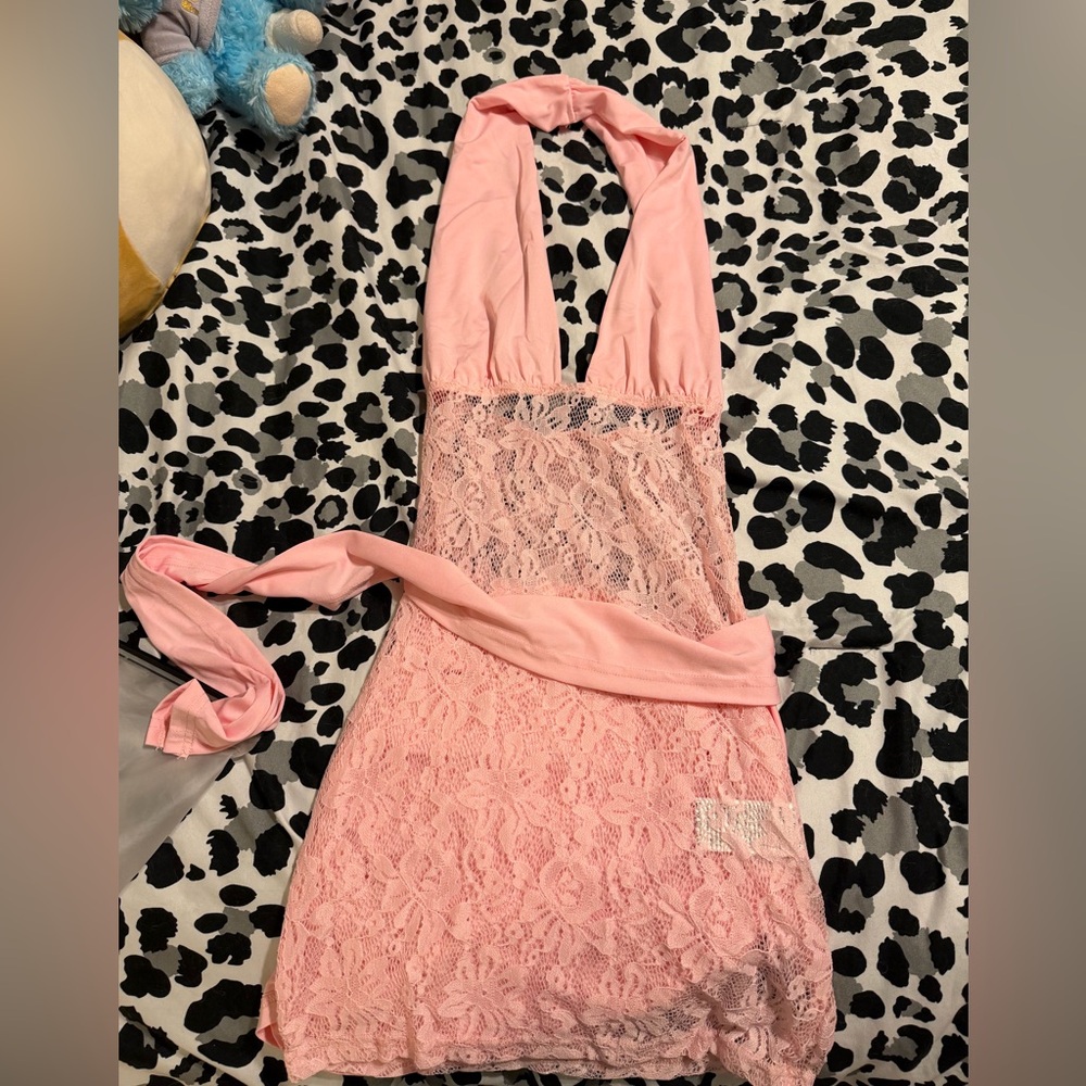 SHEIN Pink Lace Halter Chemise with Waist Tie